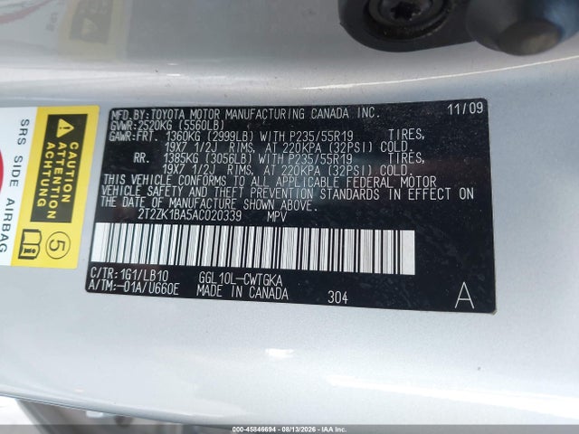 Aukcja sprzedaży 2010 Lexus Rx 350, vin: 2T2ZK1BA5AC020339, numer aukcji: 45846694