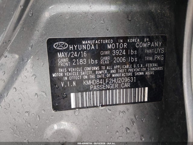 Aukcja sprzedaży 2017 Hyundai Elantra Limited, vin: KMHD84LF2HU209631, numer aukcji: 45846704