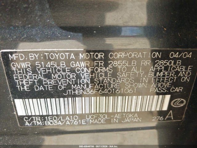 Продаж на аукціоні авто 2004 Lexus Ls 430, vin: JTHBN36F640161061, номер лоту: 45846706
