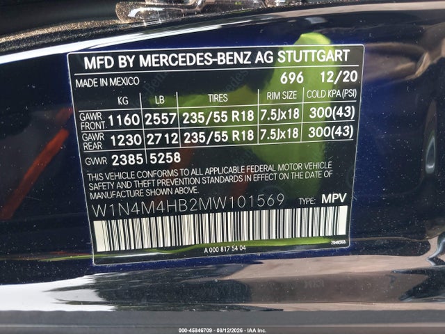 2021 Mercedes-benz Glb 250 4matic მანქანა იყიდება აუქციონზე, vin: W1N4M4HB2MW101569, აუქციონის ნომერი: 45846709