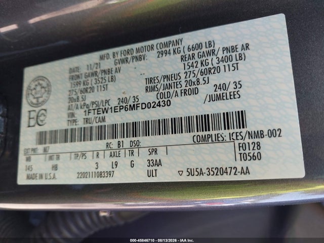 Ford F-150 Lariat 2021 1FTEW1EP6MFD02430 Image 9
