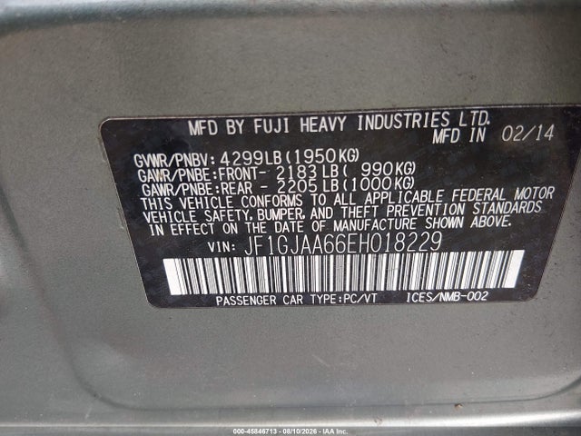 Продажа на аукционе авто 2014 Subaru Impreza 2.0i, vin: JF1GJAA66EH018229, номер лота: 45846713