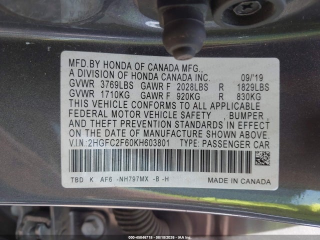 Продаж на аукціоні авто 2019 Honda Civic Lx, vin: 2HGFC2F60KH603801, номер лоту: 45846718