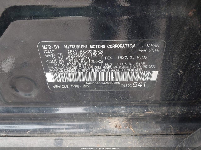 45846722 :رقم المزاد ، JA4AZ3A30JZ050005 vin ، 2018 Mitsubishi Outlander Es مزاد بيع