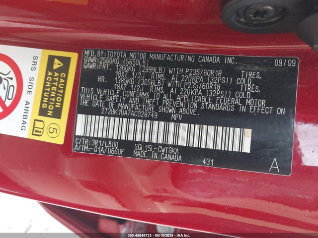 Aukcja sprzedaży 2010 Lexus Rx 350, vin: 2T2BK1BA7AC028749, numer aukcji: 45846723