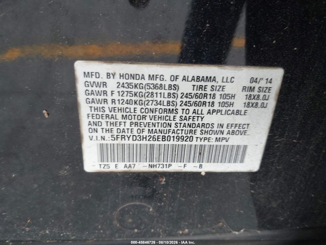Aukcja sprzedaży 2014 Acura Mdx, vin: 5FRYD3H26EB019920, numer aukcji: 45846726