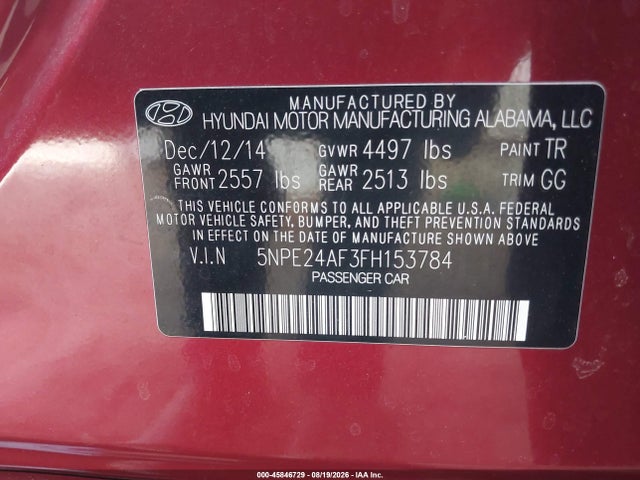 Aukcja sprzedaży 2015 Hyundai Sonata Se, vin: 5NPE24AF3FH153784, numer aukcji: 45846729