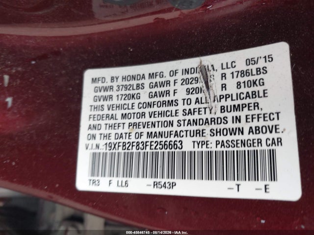 Продаж на аукціоні авто 2015 Honda Civic Ex, vin: 19XFB2F83FE256663, номер лоту: 45846745