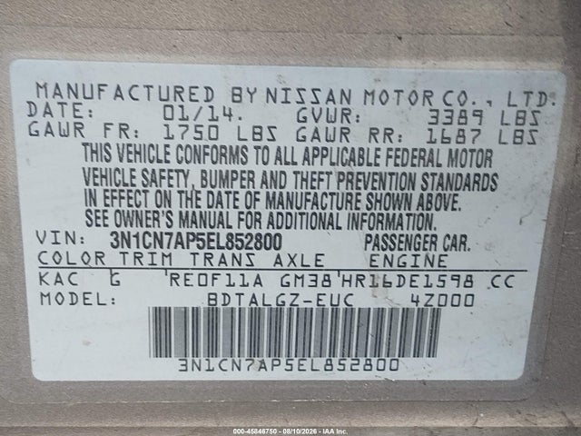 Nissan Versa 1.6 Sl 2014 3N1CN7AP5EL852800 Image 9