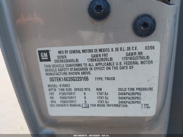2006 Gmc Sierra 1500 Work Truck მანქანა იყიდება აუქციონზე, vin: 3GTEK14X26G229166, აუქციონის ნომერი: 45846751