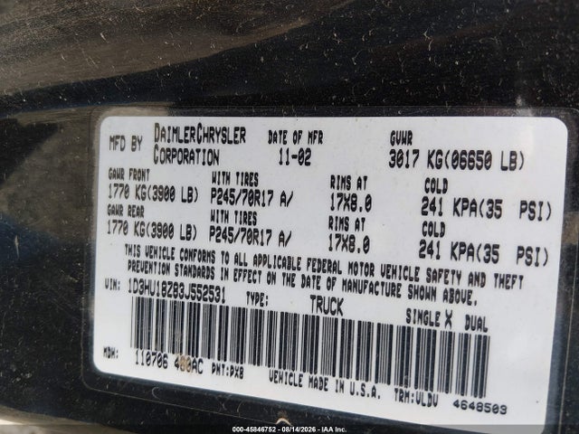 Aukcja sprzedaży 2003 Dodge Ram 1500 Slt/laramie/st, vin: 1D3HU18Z83J552531, numer aukcji: 45846752
