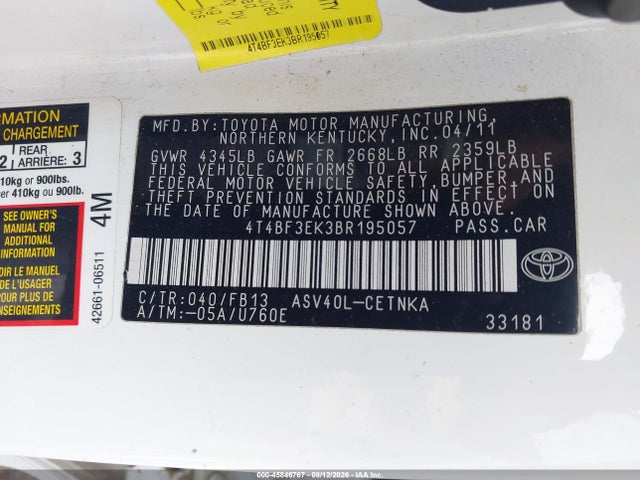 Продажа на аукционе авто 2011 Toyota Camry Le, vin: 4T4BF3EK3BR195057, номер лота: 45846767