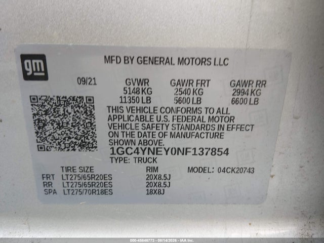 Продаж на аукціоні авто 2022 Chevrolet Silverado 2500hd 4wd  Standard Bed Lt, vin: 1GC4YNEY0NF137854, номер лоту: 45846773