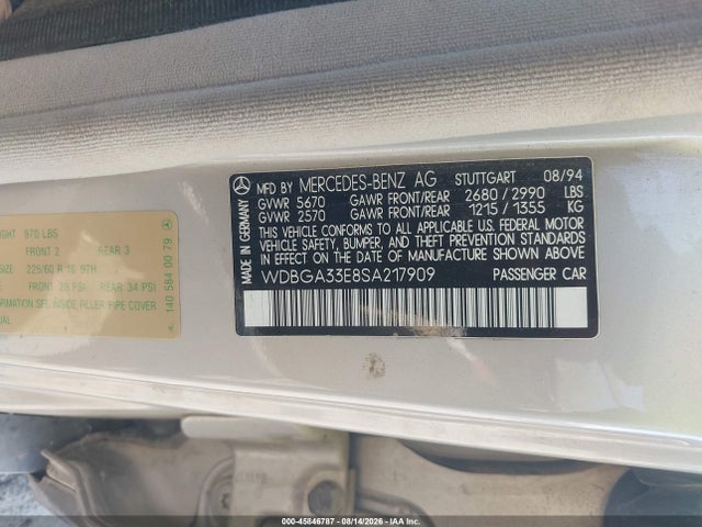 Aukcja sprzedaży 1995 Mercedes-benz S 320, vin: WDBGA33E8SA217909, numer aukcji: 45846787