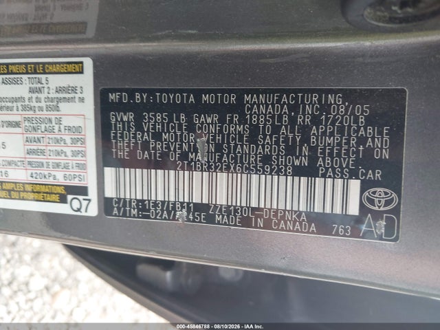 Продажа на аукционе авто 2006 Toyota Corolla Le, vin: 2T1BR32EX6C559238, номер лота: 45846788