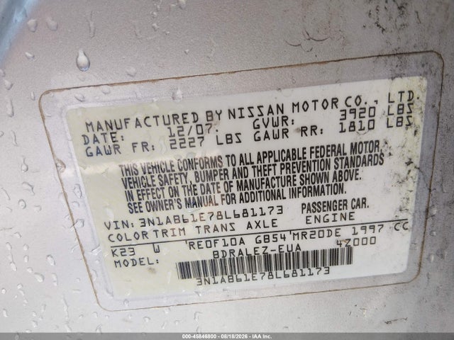 Продаж на аукціоні авто 2008 Nissan Sentra 2.0s, vin: 3N1AB61E78L681173, номер лоту: 45846800