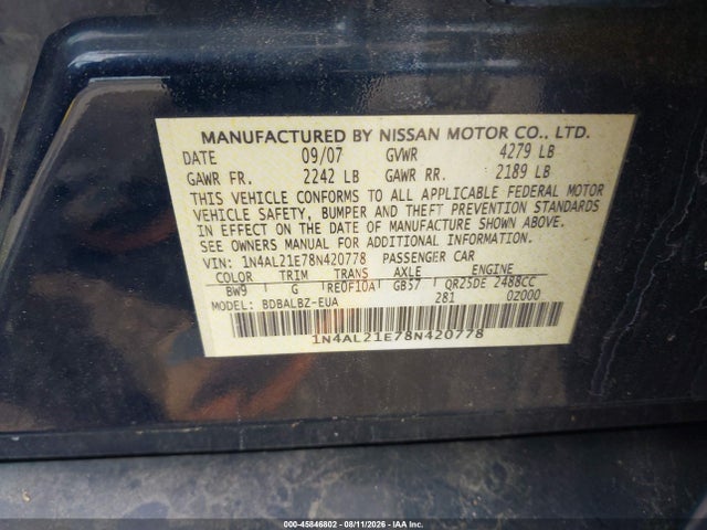 45846802 :رقم المزاد ، 1N4AL21E78N420778 vin ، 2008 Nissan Altima 2.5 S مزاد بيع