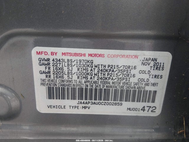 2012 Mitsubishi Outlander Sport Es მანქანა იყიდება აუქციონზე, vin: JA4AP3AU0CZ002859, აუქციონის ნომერი: 45846806