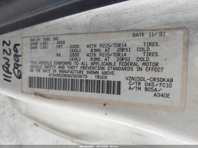 45846807 :رقم المزاد ، 4TAVN52N0WZ069879 vin ، 1998 Toyota Tacoma Base V6 مزاد بيع