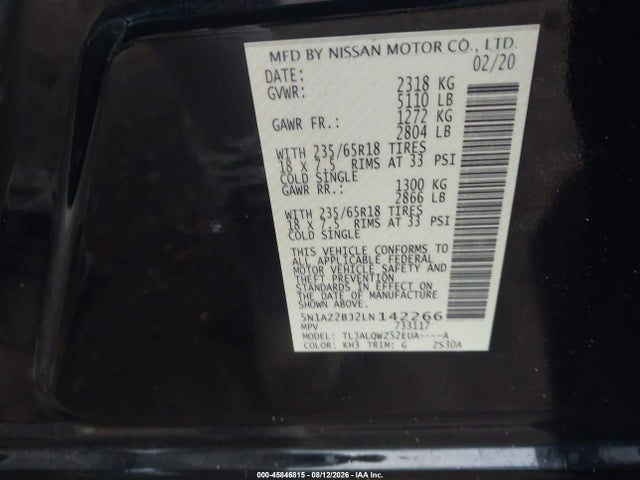 Aukcja sprzedaży 2020 Nissan Murano Sv Fwd, vin: 5N1AZ2BJ2LN142266, numer aukcji: 45846815