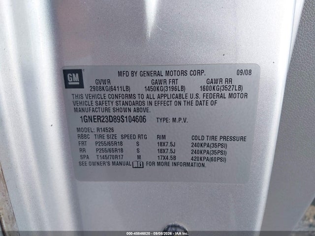 45846820 :رقم المزاد ، 1GNER23D89S104606 vin ، 2009 Chevrolet Traverse Lt مزاد بيع