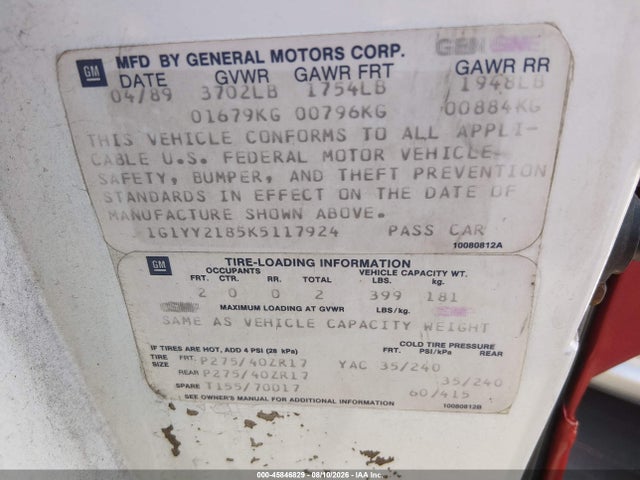 45846829 :رقم المزاد ، 1G1YY2185K5117924 vin ، 1989 Chevrolet Corvette مزاد بيع
