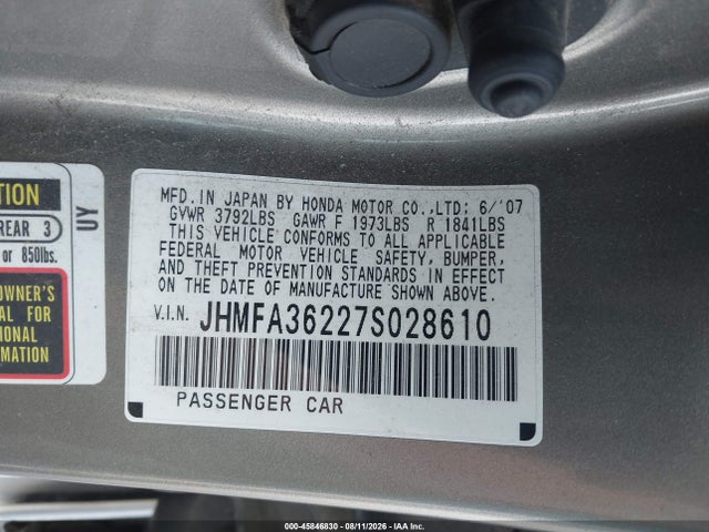 45846830 :رقم المزاد ، JHMFA36227S028610 vin ، 2007 Honda Civic Hybrid مزاد بيع