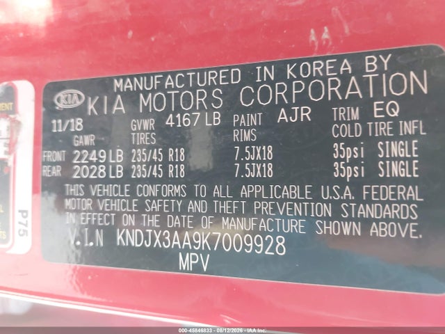 45846833 :رقم المزاد ، KNDJX3AA9K7009928 vin ، 2019 Kia Soul ! مزاد بيع