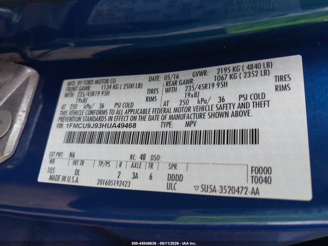 2017 Ford Escape Titanium მანქანა იყიდება აუქციონზე, vin: 1FMCU9J93HUA49468, აუქციონის ნომერი: 45846836
