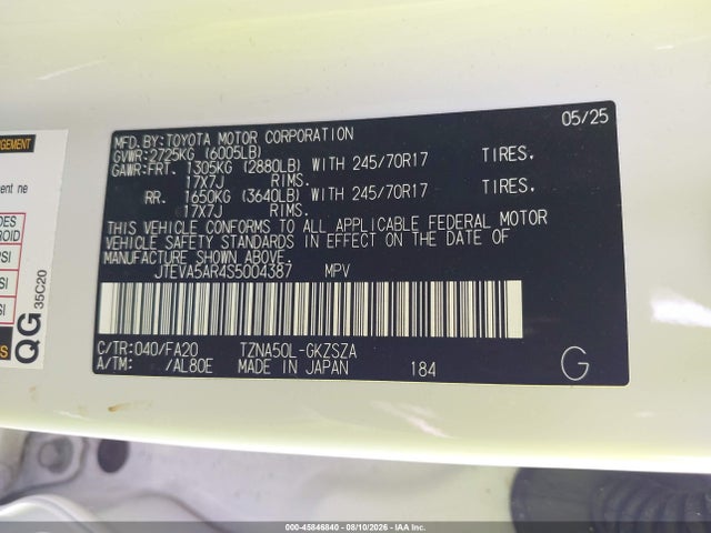 Продажа на аукционе авто 2025 Toyota 4runner Sr5, vin: JTEVA5AR4S5004387, номер лота: 45846840