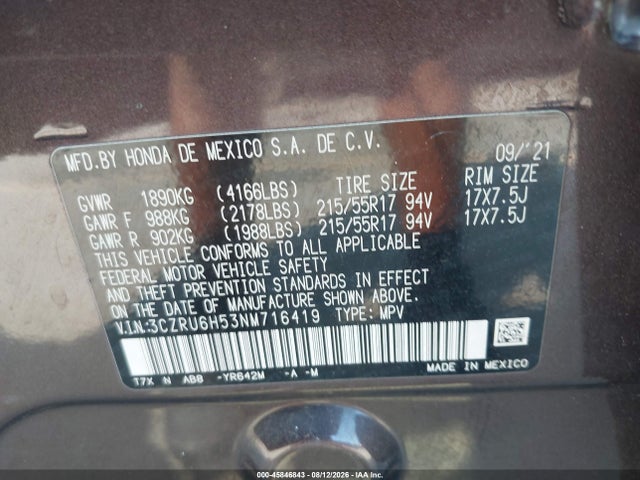 45846843 :رقم المزاد ، 3CZRU6H53NM716419 vin ، 2022 Honda Hr-v Awd Ex مزاد بيع