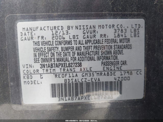 2014 Nissan Sentra S მანქანა იყიდება აუქციონზე, vin: 3N1AB7APXEL627238, აუქციონის ნომერი: 45846874