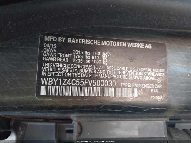 2015 Bmw I3 Base W/range Extender მანქანა იყიდება აუქციონზე, vin: WBY1Z4C55FV500030, აუქციონის ნომერი: 45846877