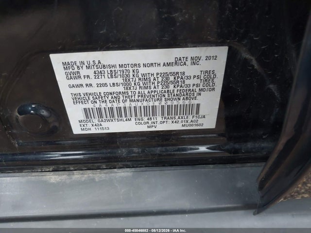 45846882 :رقم المزاد ، 4A4AP3AUXDE009566 vin ، 2013 Mitsubishi Outlander Sport Es مزاد بيع