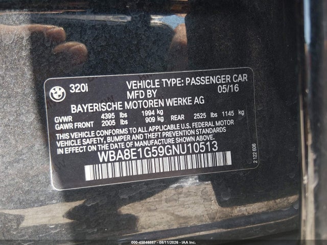 Продаж на аукціоні авто 2016 Bmw 320i, vin: WBA8E1G59GNU10513, номер лоту: 45846887