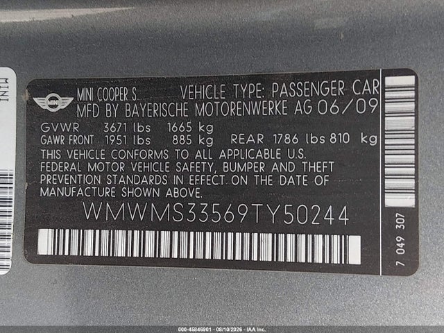 2009 Mini Cooper S მანქანა იყიდება აუქციონზე, vin: WMWMS33569TY50244, აუქციონის ნომერი: 45846901