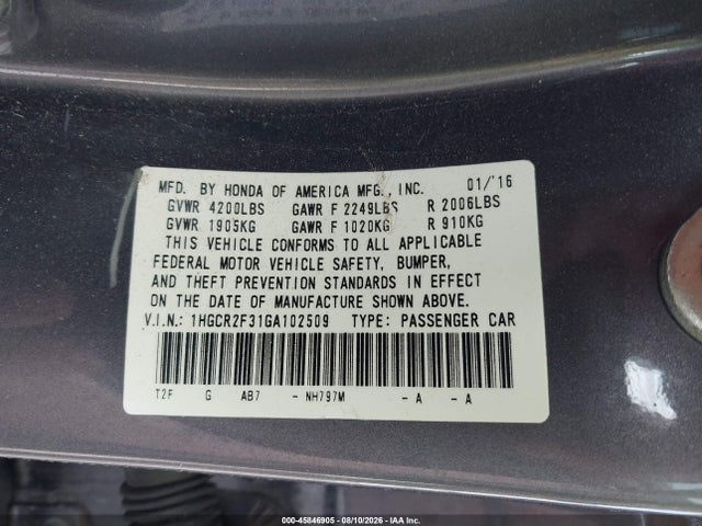 45846905 :رقم المزاد ، 1HGCR2F31GA102509 vin ، 2016 Honda Accord Lx مزاد بيع