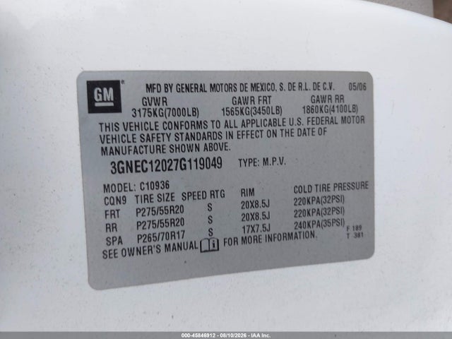 45846912 :رقم المزاد ، 3GNEC12027G119049 vin ، 2007 Chevrolet Avalanche 1500 Ltz مزاد بيع