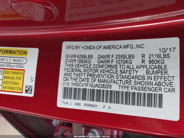 Aukcja sprzedaży 2018 Honda Accord Lx, vin: 1HGCV1F10JA028205, numer aukcji: 45846913