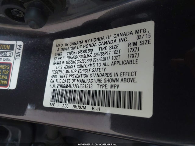 Продажа на аукционе авто 2015 Honda Cr-v Ex-l, vin: 2HKRM4H77FH631313, номер лота: 45846917