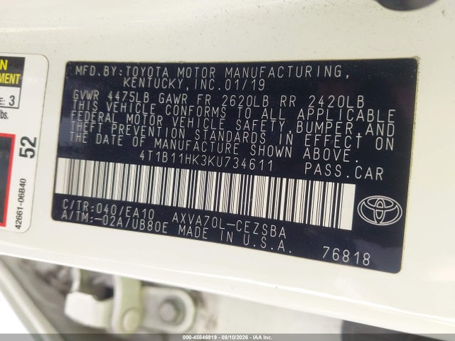 4T1B11HK3KU734611 Toyota CAMRY SE