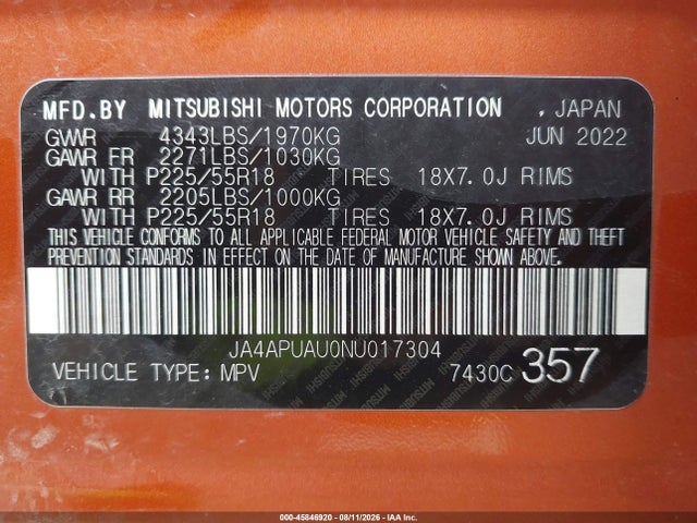 Aukcja sprzedaży 2022 Mitsubishi Outlander Sport 2.0 Le 2wd, vin: JA4APUAU0NU017304, numer aukcji: 45846920