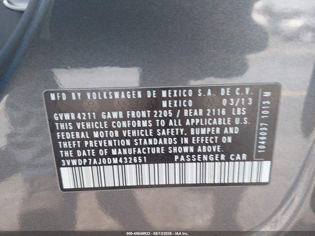 Продажа на аукционе авто 2013 Volkswagen Jetta 2.5l Se, vin: 3VWDP7AJ0DM432651, номер лота: 45846922