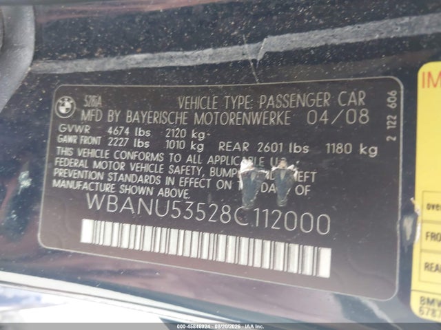 Aukcja sprzedaży 2008 Bmw 528i, vin: WBANU53528C112000, numer aukcji: 45846924