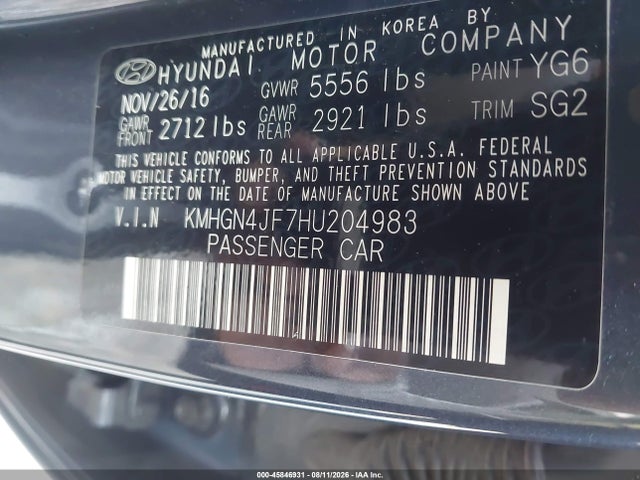 2017 Genesis G80 5.0 Ultimate მანქანა იყიდება აუქციონზე, vin: KMHGN4JF7HU204983, აუქციონის ნომერი: 45846931