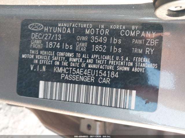 2014 Hyundai Accent Gs მანქანა იყიდება აუქციონზე, vin: KMHCT5AE4EU154184, აუქციონის ნომერი: 45846933