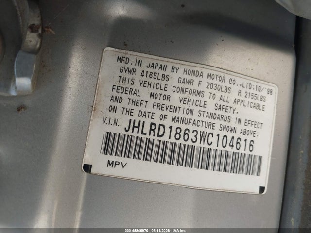 45846970 :رقم المزاد ، JHLRD1863WC104616 vin ، 1998 Honda Cr-v Ex مزاد بيع
