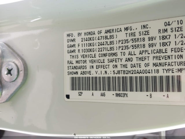 45846976 :رقم المزاد ، 5J8TB2H20AA004118 vin ، 2010 Acura Rdx مزاد بيع