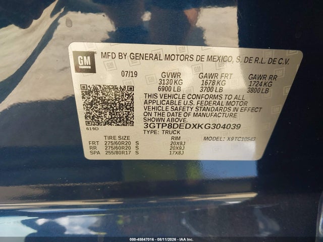 Aukcja sprzedaży 2019 Gmc Sierra 1500 Slt, vin: 3GTP8DEDXKG304039, numer aukcji: 45847016