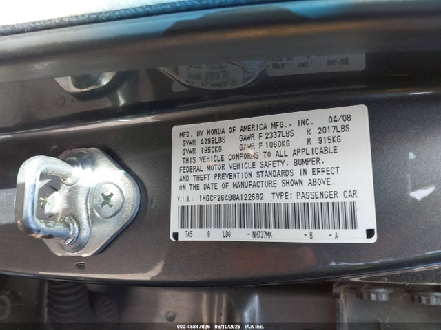 Aukcja sprzedaży 2008 Honda Accord 2.4 Lx-p, vin: 1HGCP26488A122692, numer aukcji: 45847026